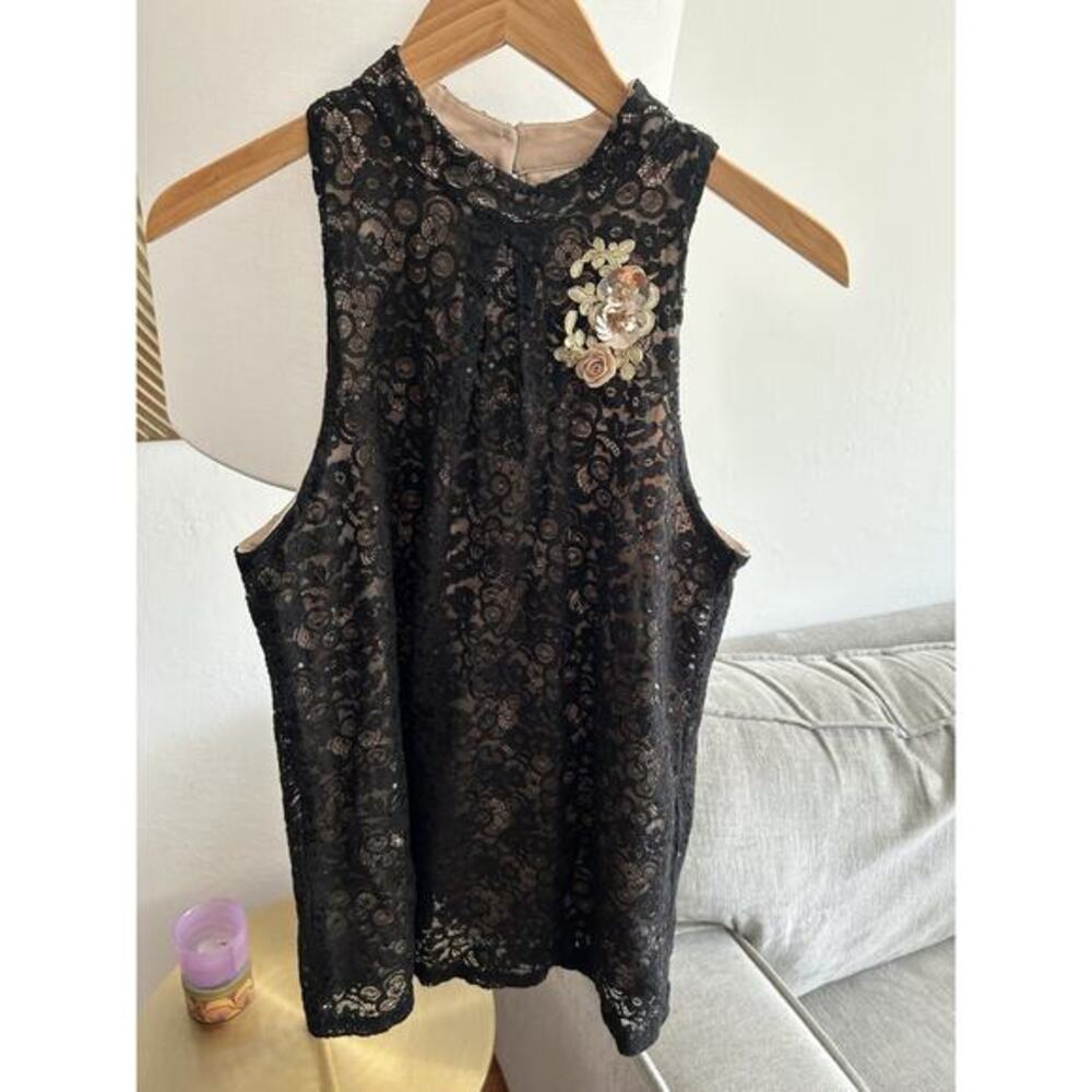 Vtg Y2K  Lace Whimsigoth Black Top XL Fairy Goth Sequin Sleeveless